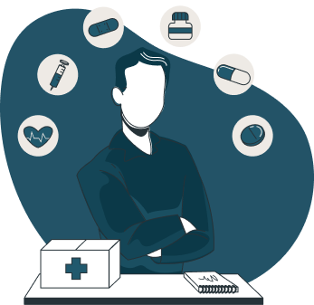 Illustration of an adviser surrounded by health cover icons